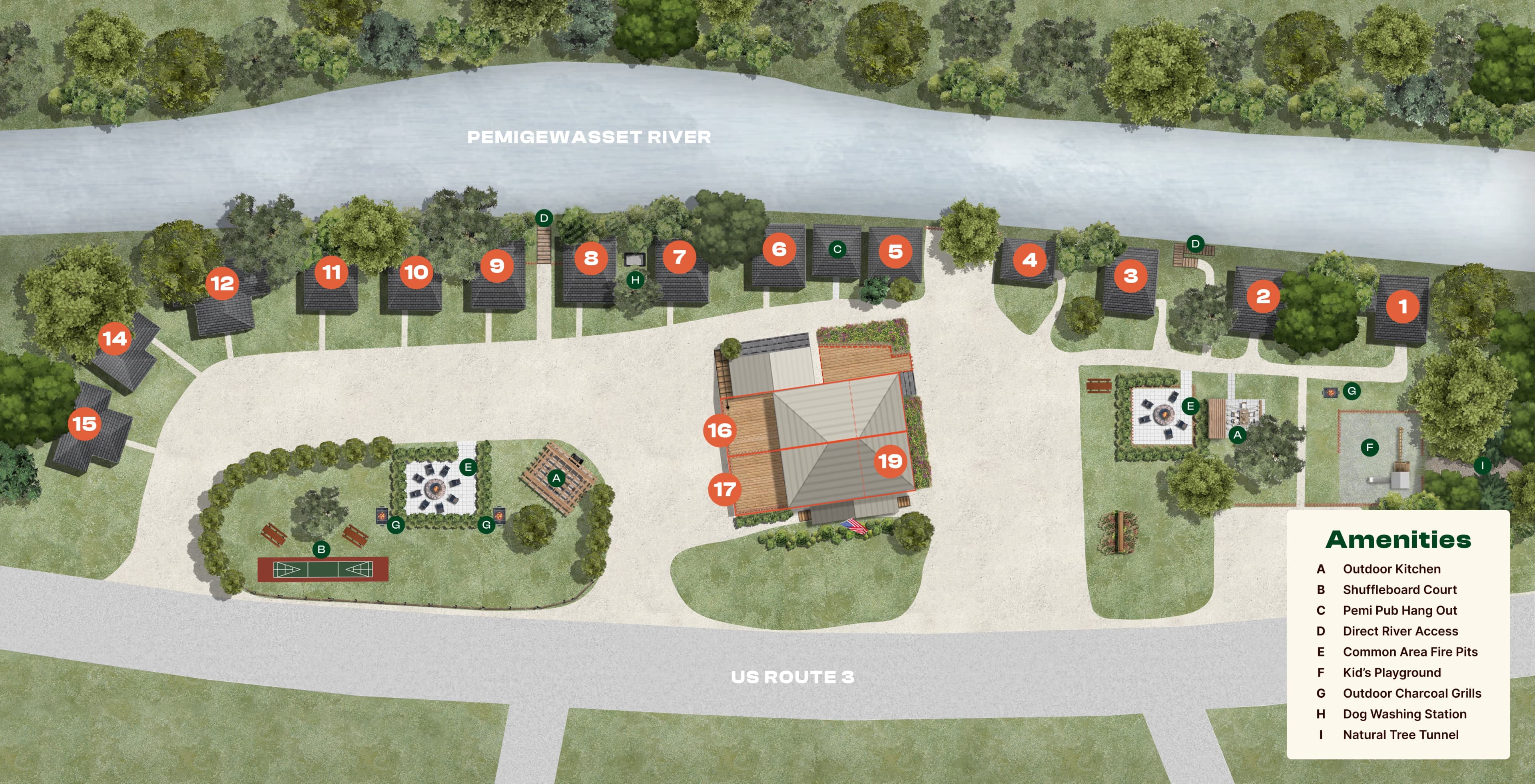 Map of Pemi Cabins, with numbered cabins and an amenities legend